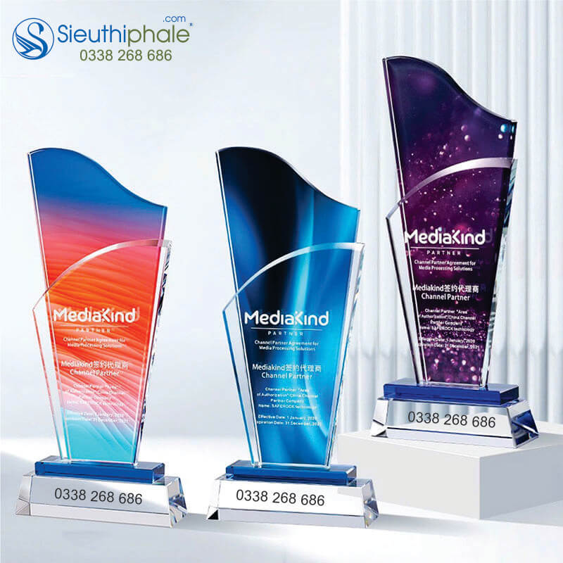 Kỷ niệm chương pha lê thiết kế hiện đại và tinih tế thiết kế hình chữ nhật, cắt gọt mềm mại, chất pha lê trong suốt, khắc chữ lên kỷ niệm chương đẹp, sắc nét
